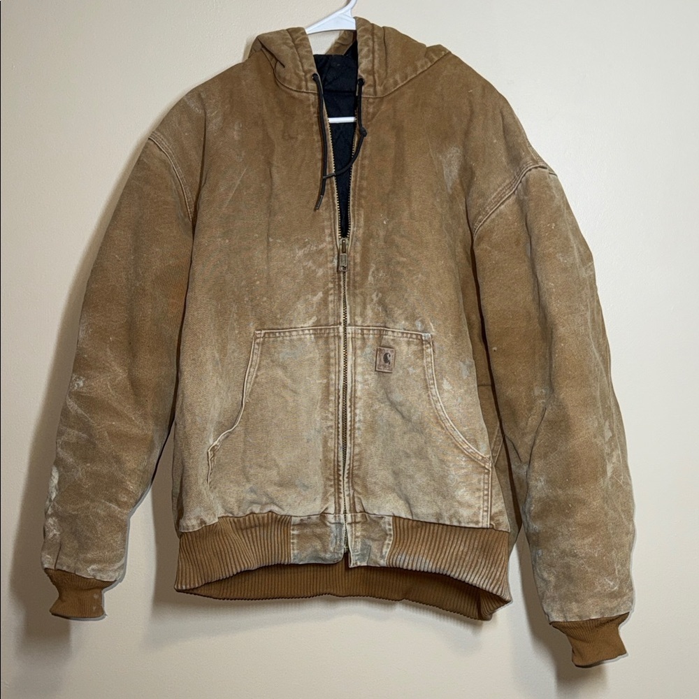 Vtg Carhartt J130 BRN Jacket Mens XL Distressed Brown Hooded Cotton Full Zip